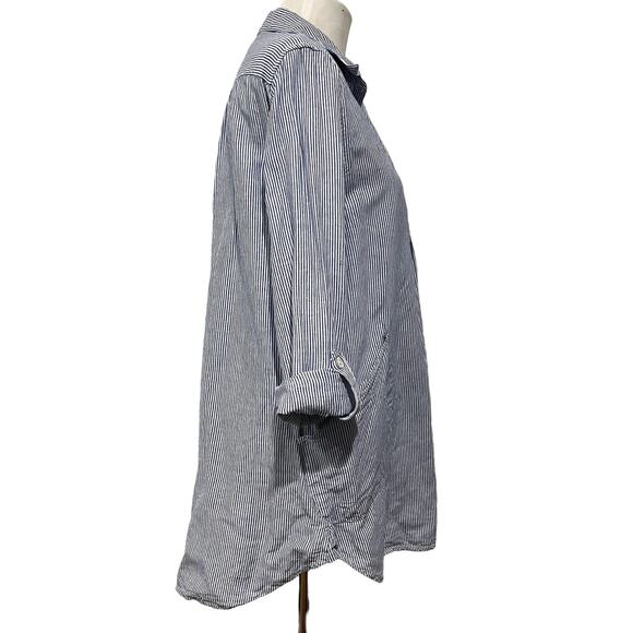 For Cynthia Linen Blend Cover Up Top Tunic Blue Striped Roll Tab Sleeves Size M - Picture 7 of 9